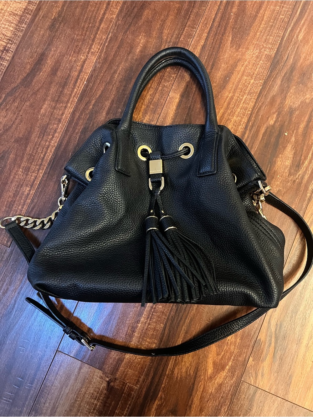 Michael Kors Black Leather Tassel Drawstring Satchel
